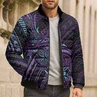 Teal Purple Polynesia Plumeria Tattoo Bomber Puffer Jacket