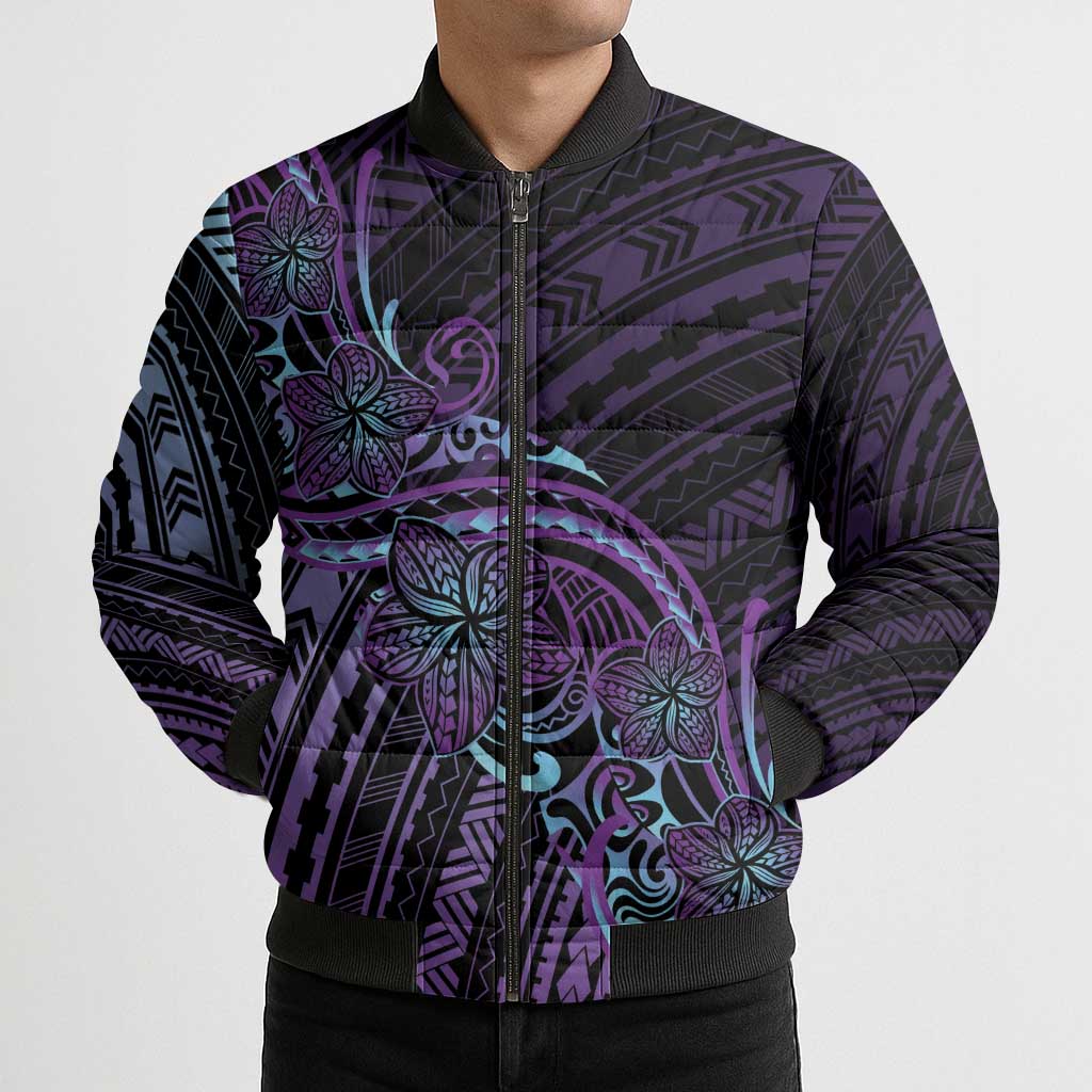 Teal Purple Polynesia Plumeria Tattoo Bomber Puffer Jacket