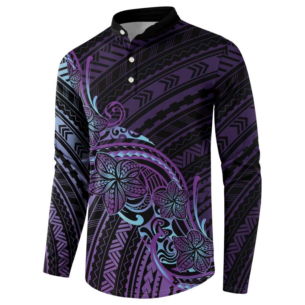 Teal Purple Polynesia Plumeria Tattoo Button Sweatshirt