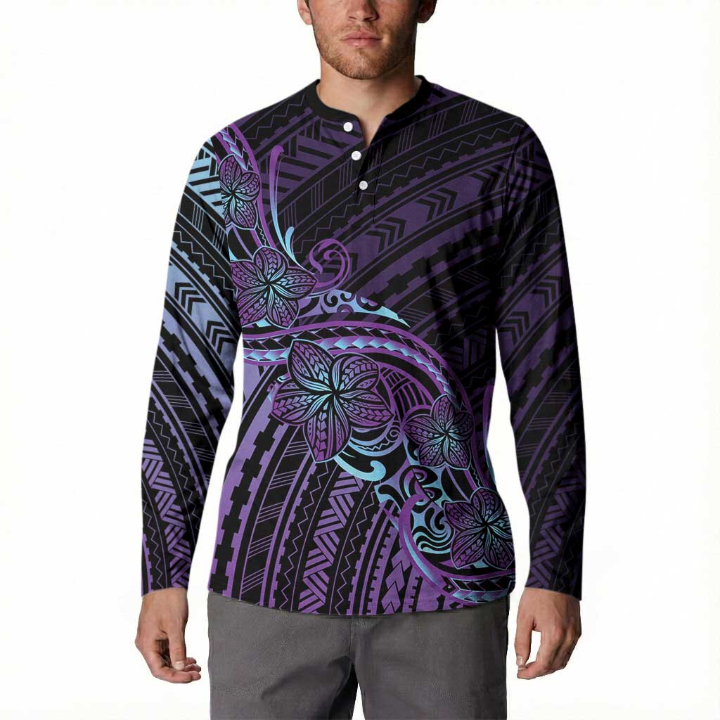Teal Purple Polynesia Plumeria Tattoo Button Sweatshirt