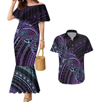 Teal Purple Polynesia Plumeria Tattoo Couples Matching Mermaid Dress and Hawaiian Shirt