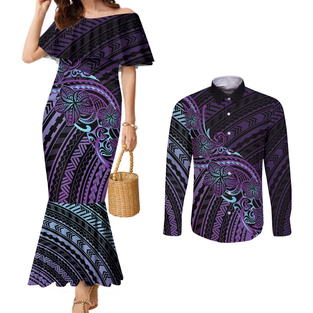 Teal Purple Polynesia Plumeria Tattoo Couples Matching Mermaid Dress and Long Sleeve Button Shirt