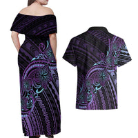 Teal Purple Polynesia Plumeria Tattoo Couples Matching Off Shoulder Maxi Dress and Hawaiian Shirt