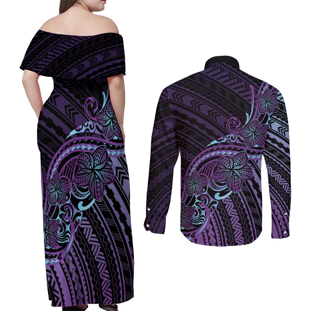 Teal Purple Polynesia Plumeria Tattoo Couples Matching Off Shoulder Maxi Dress and Long Sleeve Button Shirt