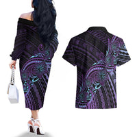 Teal Purple Polynesia Plumeria Tattoo Couples Matching Off The Shoulder Long Sleeve Dress and Hawaiian Shirt