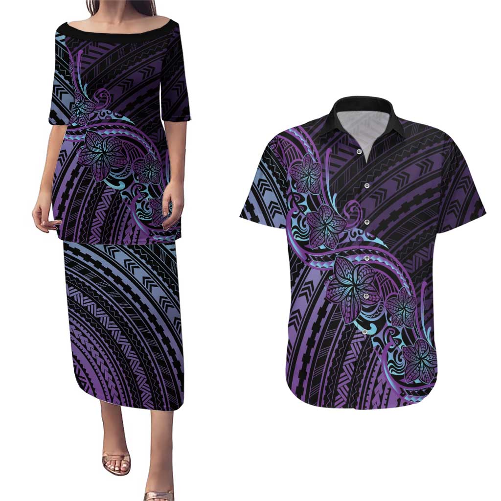Teal Purple Polynesia Plumeria Tattoo Couples Matching Puletasi and Hawaiian Shirt