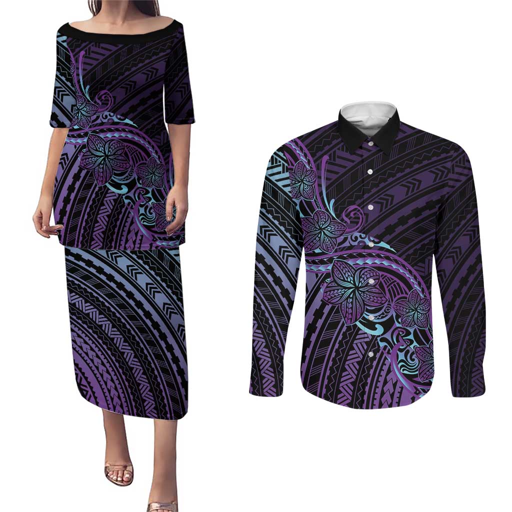 Teal Purple Polynesia Plumeria Tattoo Couples Matching Puletasi and Long Sleeve Button Shirt