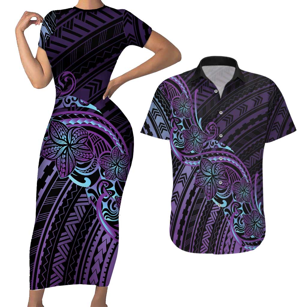 Teal Purple Polynesia Plumeria Tattoo Couples Matching Short Sleeve Bodycon Dress and Hawaiian Shirt