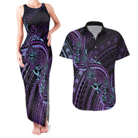 Teal Purple Polynesia Plumeria Tattoo Couples Matching Tank Maxi Dress and Hawaiian Shirt