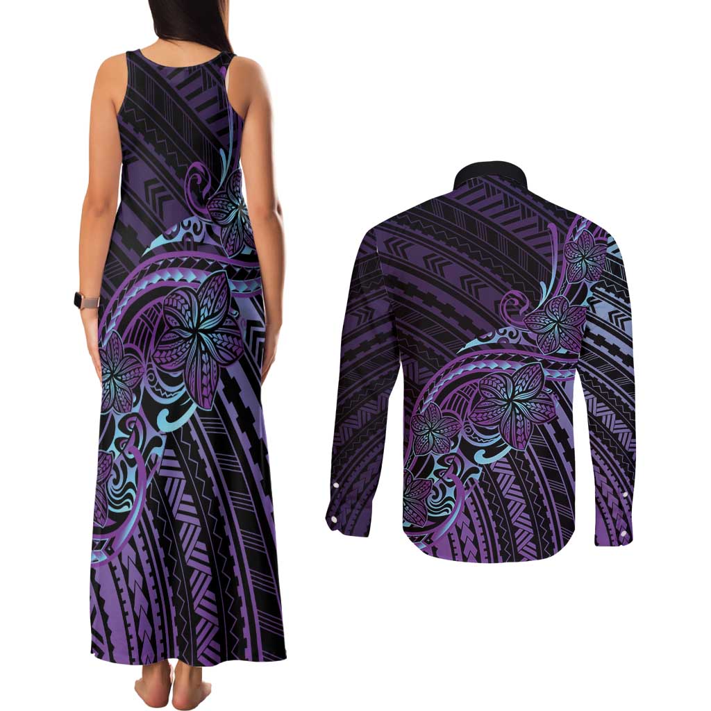 Teal Purple Polynesia Plumeria Tattoo Couples Matching Tank Maxi Dress and Long Sleeve Button Shirt