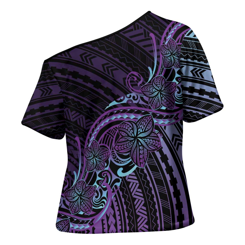 Teal Purple Polynesia Plumeria Tattoo Cross Shoulder Shirt