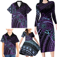 Teal Purple Polynesia Plumeria Tattoo Family Matching Long Sleeve Bodycon Dress and Hawaiian Shirt LT14 - Polynesian Pride