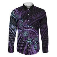 Teal Purple Polynesia Plumeria Tattoo Family Matching Long Sleeve Bodycon Dress and Hawaiian Shirt LT14 Dad's Shirt - Long Sleeve Purple - Polynesian Pride
