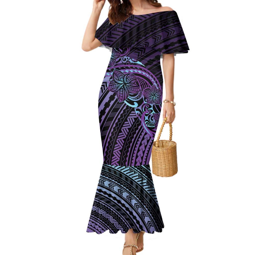 Teal Purple Polynesia Plumeria Tattoo Family Matching Mermaid Dress and Hawaiian Shirt LT14 Mom's Dress Purple - Polynesian Pride
