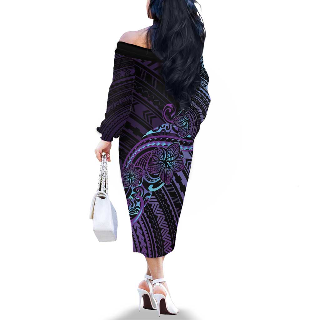 Teal Purple Polynesia Plumeria Tattoo Family Matching Off The Shoulder Long Sleeve Dress and Hawaiian Shirt LT14 - Polynesian Pride