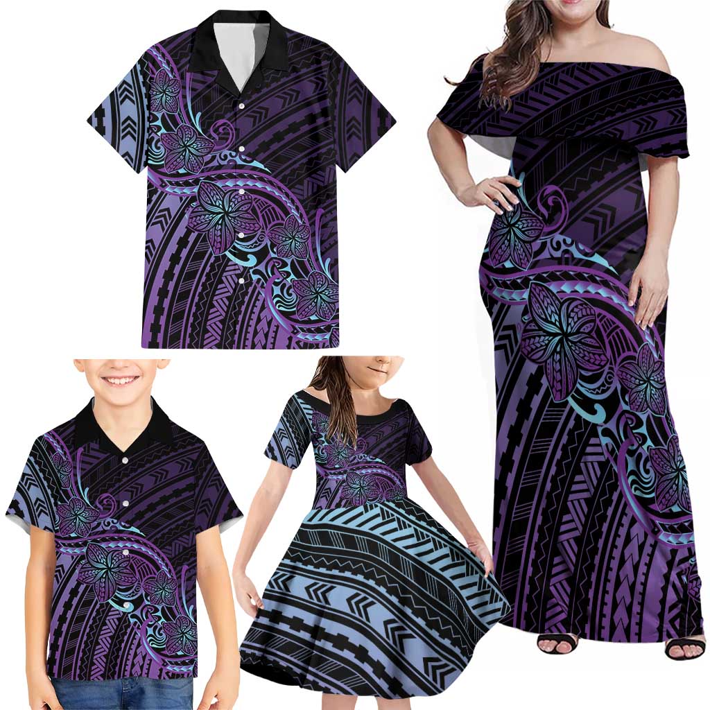 Teal Purple Polynesia Plumeria Tattoo Family Matching Off Shoulder Maxi Dress and Hawaiian Shirt