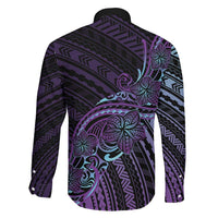 Teal Purple Polynesia Plumeria Tattoo Family Matching Off Shoulder Maxi Dress and Hawaiian Shirt