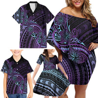 Teal Purple Polynesia Plumeria Tattoo Family Matching Off Shoulder Short Dress and Hawaiian Shirt