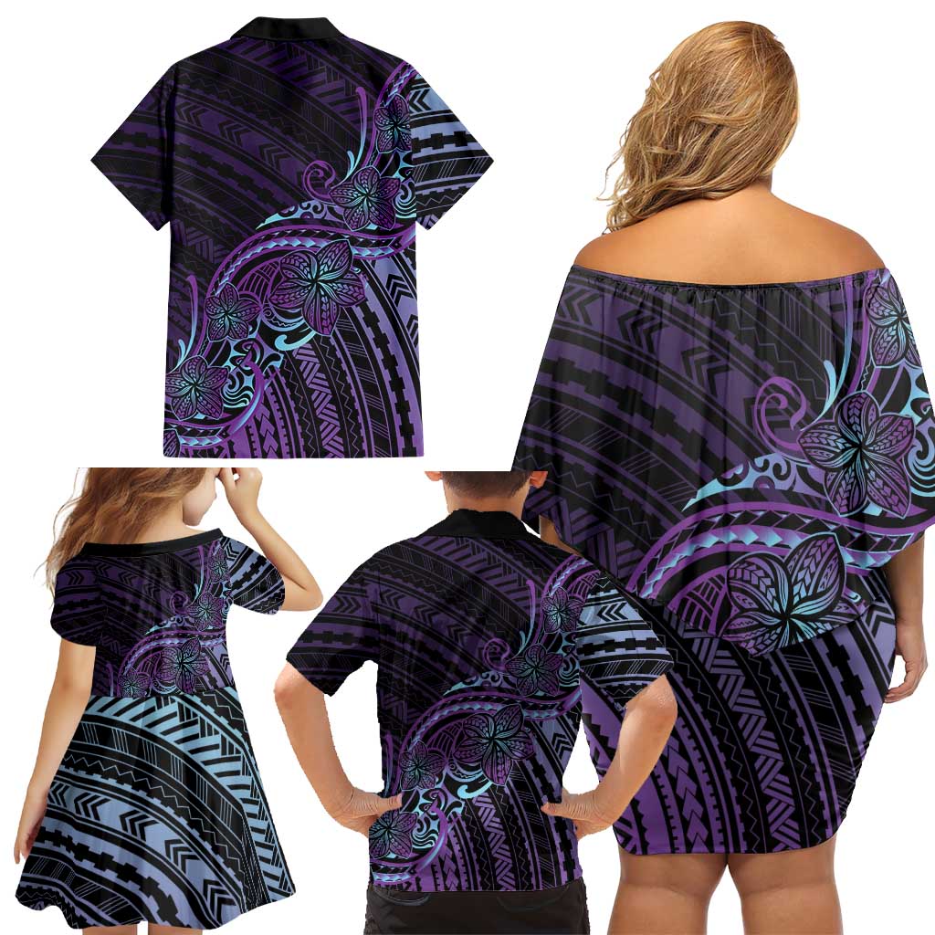 Teal Purple Polynesia Plumeria Tattoo Family Matching Off Shoulder Short Dress and Hawaiian Shirt