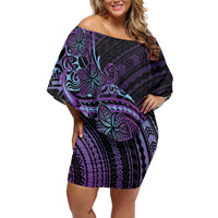 Teal Purple Polynesia Plumeria Tattoo Family Matching Off Shoulder Short Dress and Hawaiian Shirt