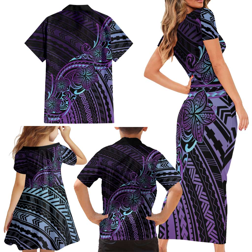 Teal Purple Polynesia Plumeria Tattoo Family Matching Short Sleeve Bodycon Dress and Hawaiian Shirt LT14 - Polynesian Pride