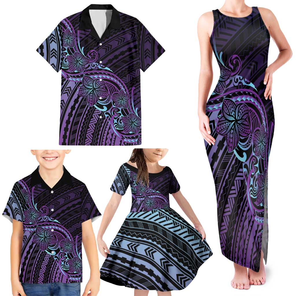 Teal Purple Polynesia Plumeria Tattoo Family Matching Tank Maxi Dress and Hawaiian Shirt LT14 - Polynesian Pride