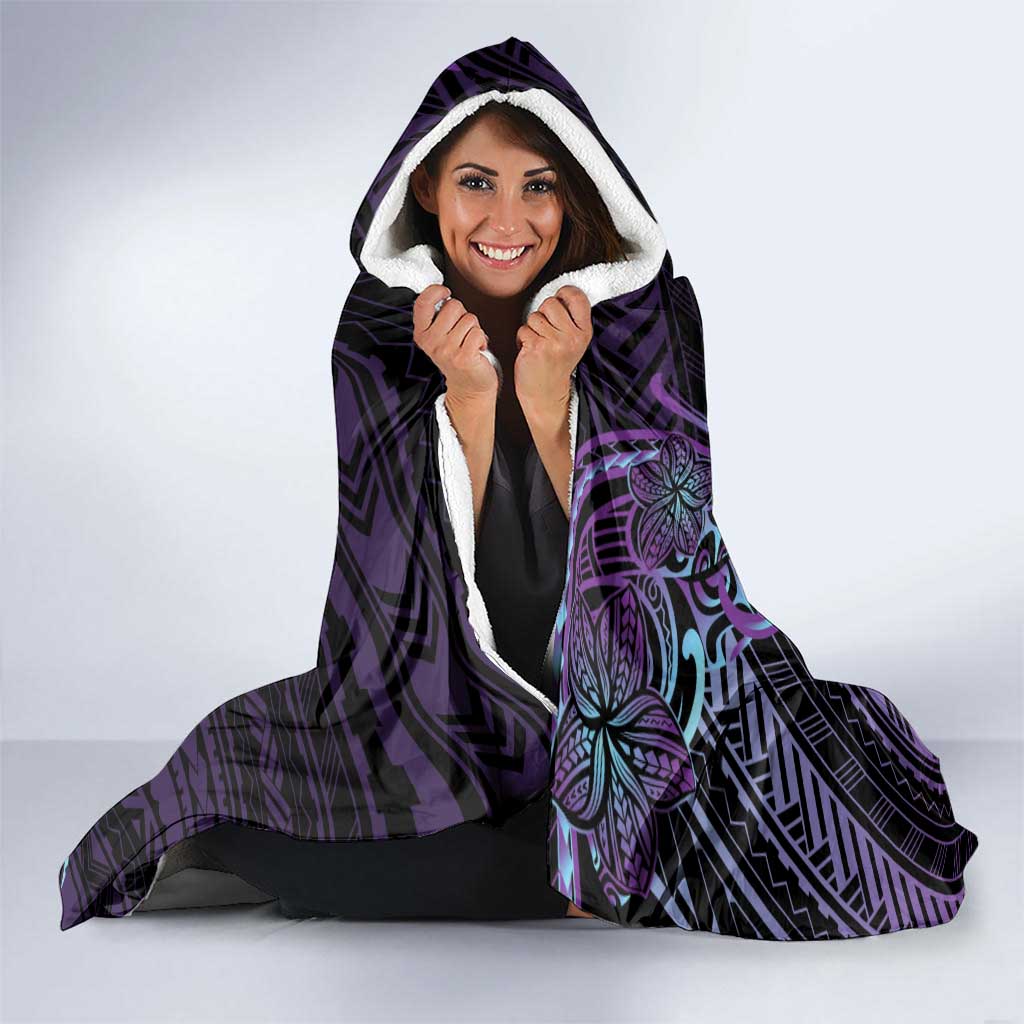 Teal Purple Polynesia Plumeria Tattoo Hooded Blanket