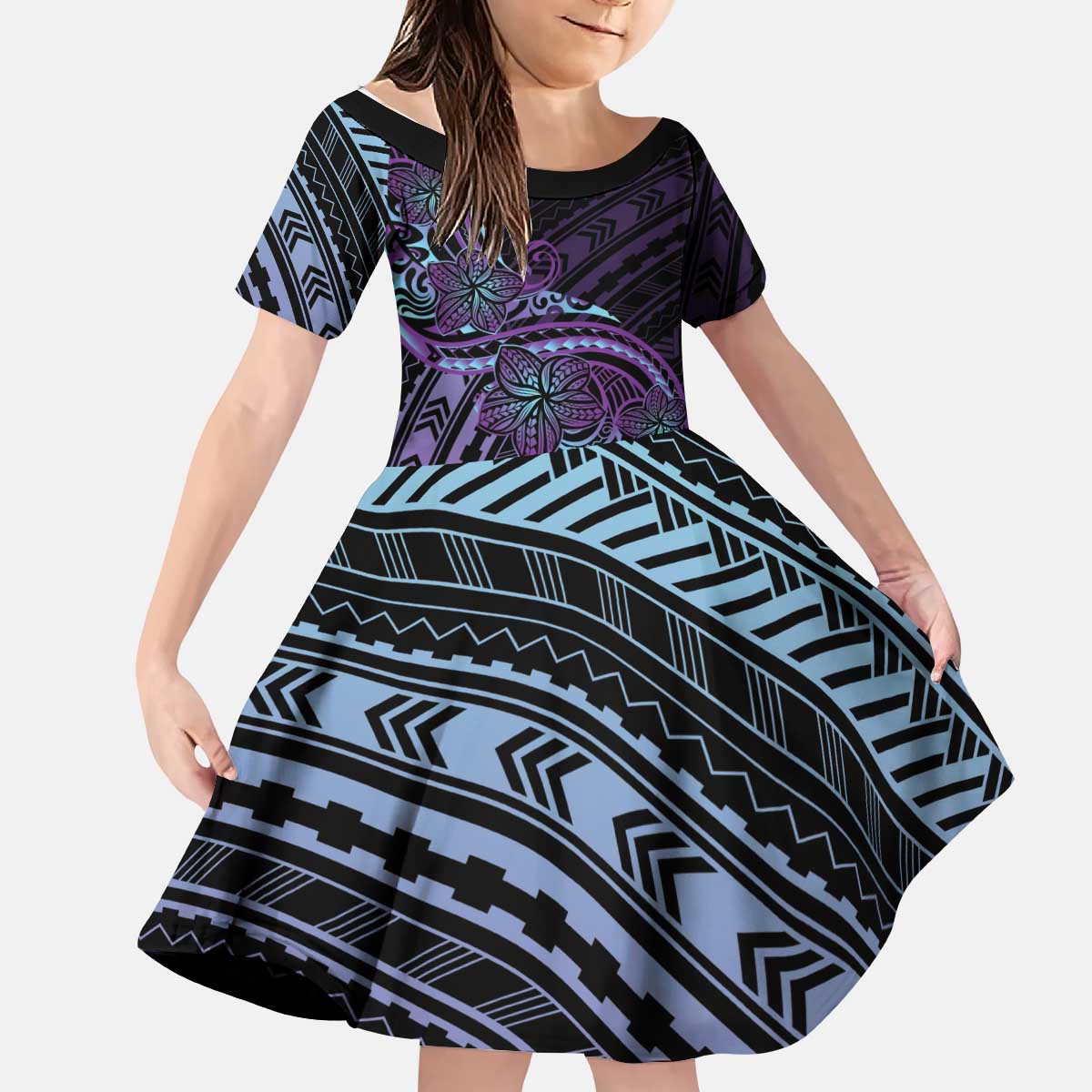 Teal Purple Polynesia Plumeria Tattoo Kid Short Sleeve Dress