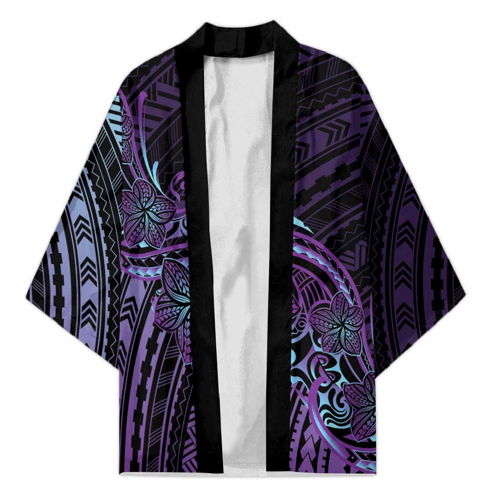 Teal Purple Polynesia Plumeria Tattoo Kimono