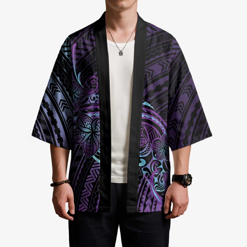 Teal Purple Polynesia Plumeria Tattoo Kimono
