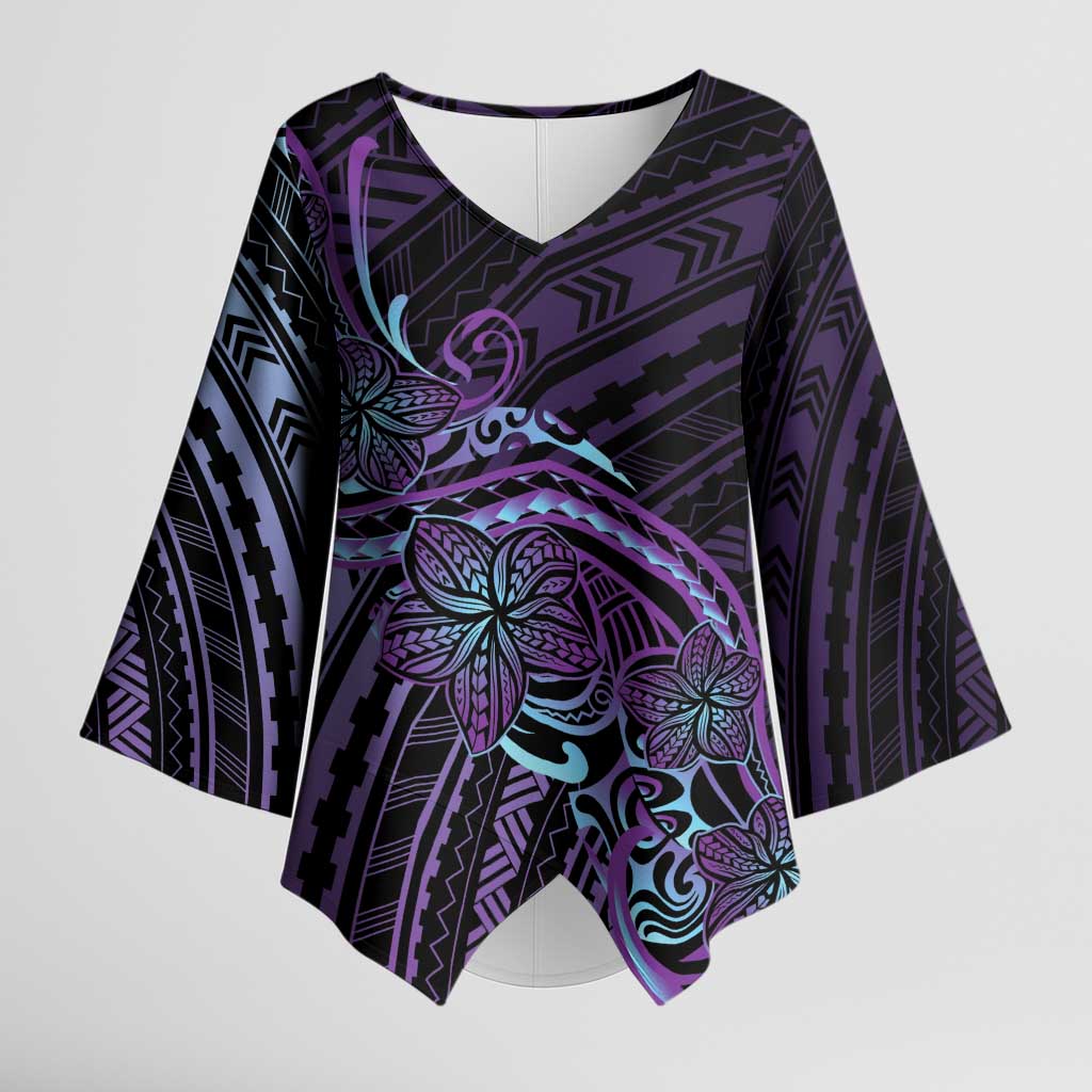 Teal Purple Polynesia Plumeria Tattoo Kimono Sleeve Blouse