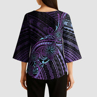 Teal Purple Polynesia Plumeria Tattoo Kimono Sleeve Blouse
