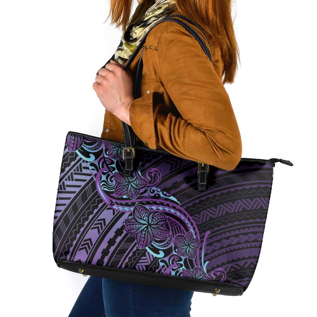 Teal Purple Polynesia Plumeria Tattoo Leather Tote Bag