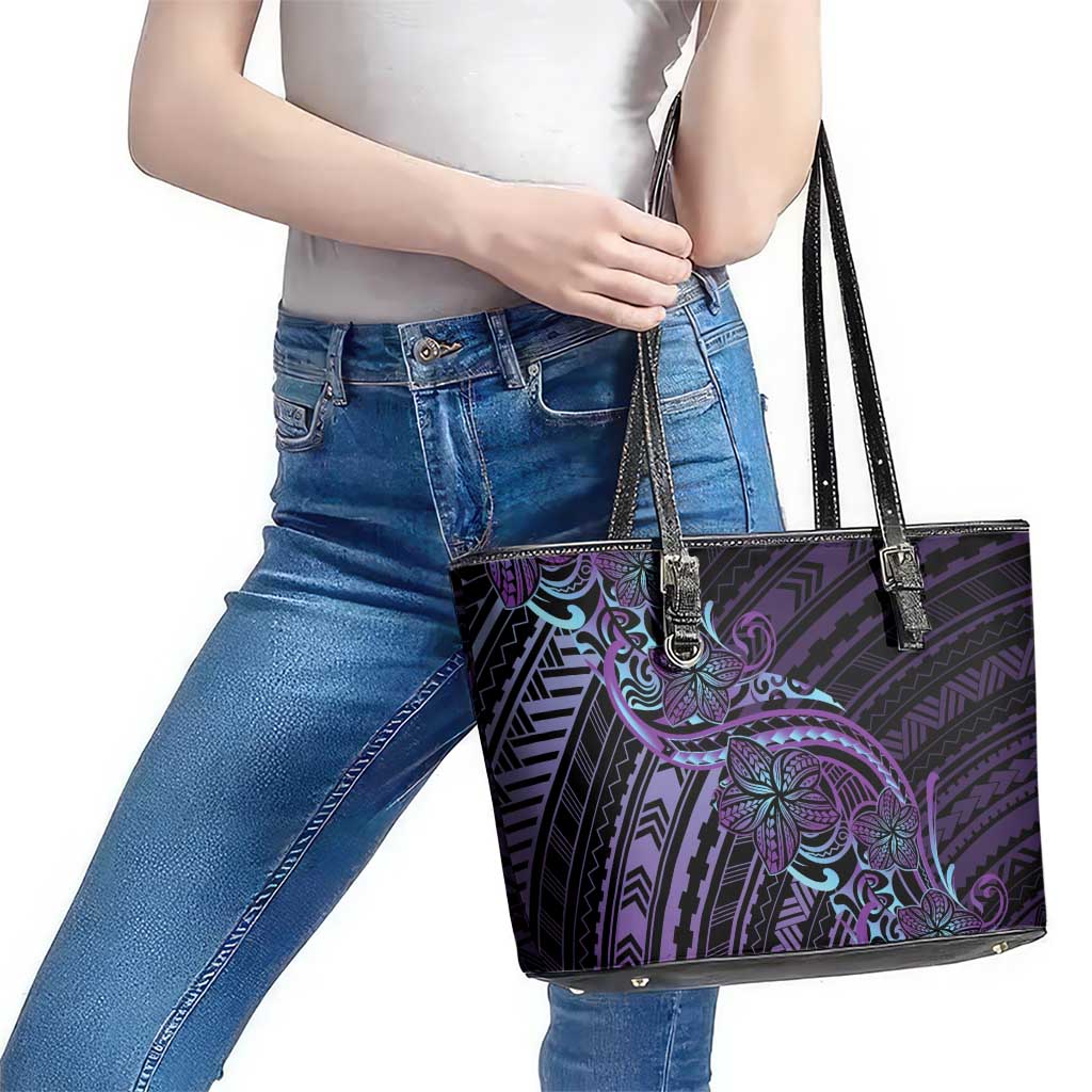 Teal Purple Polynesia Plumeria Tattoo Leather Tote Bag
