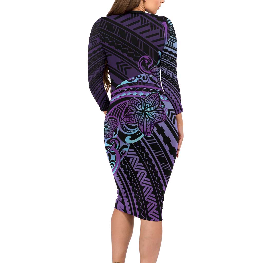 Teal Purple Polynesia Plumeria Tattoo Long Sleeve Bodycon Dress