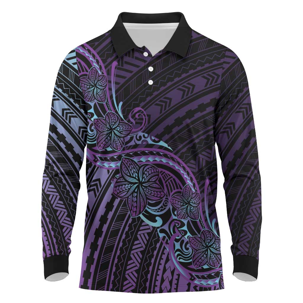 Teal Purple Polynesia Plumeria Tattoo Long Sleeve Polo Shirt