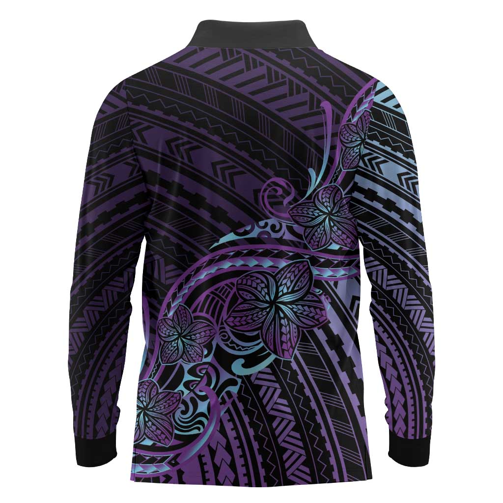 Teal Purple Polynesia Plumeria Tattoo Long Sleeve Polo Shirt