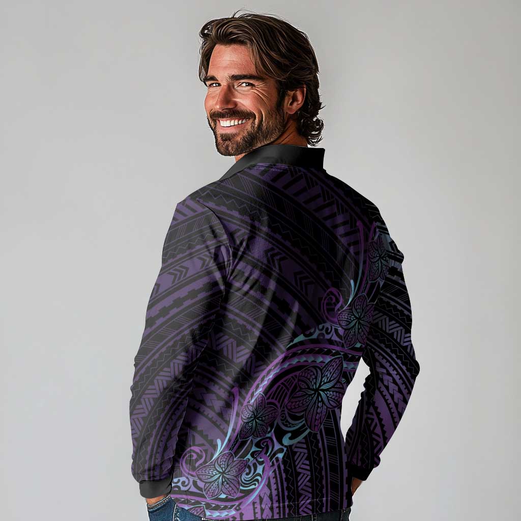 Teal Purple Polynesia Plumeria Tattoo Long Sleeve Polo Shirt