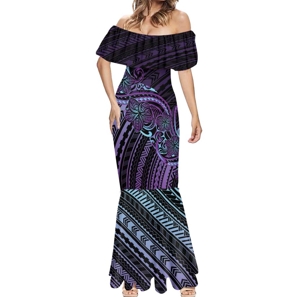 Teal Purple Polynesia Plumeria Tattoo Mermaid Dress