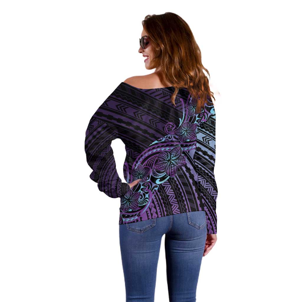 Teal Purple Polynesia Plumeria Tattoo Off Shoulder Sweater
