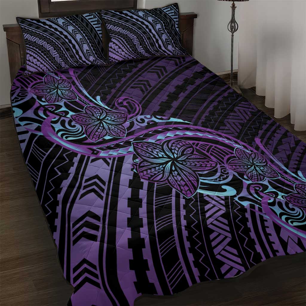 Teal Purple Polynesia Plumeria Tattoo Quilt Bed Set