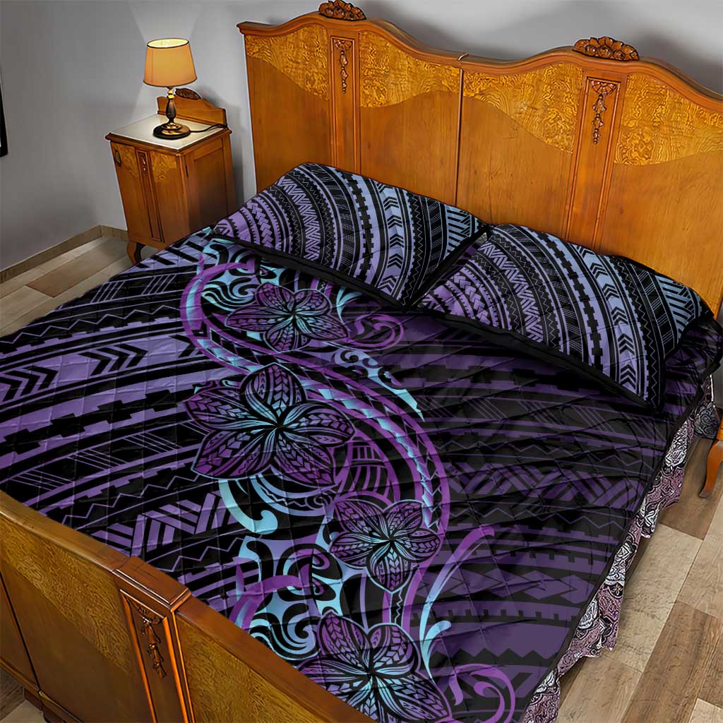 Teal Purple Polynesia Plumeria Tattoo Quilt Bed Set
