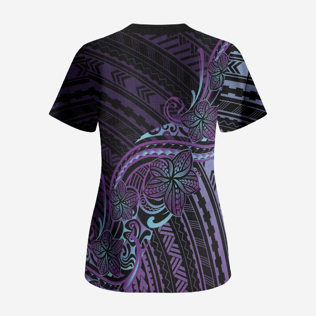 Teal Purple Polynesia Plumeria Tattoo Scrub Top