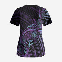 Teal Purple Polynesia Plumeria Tattoo Scrub Top