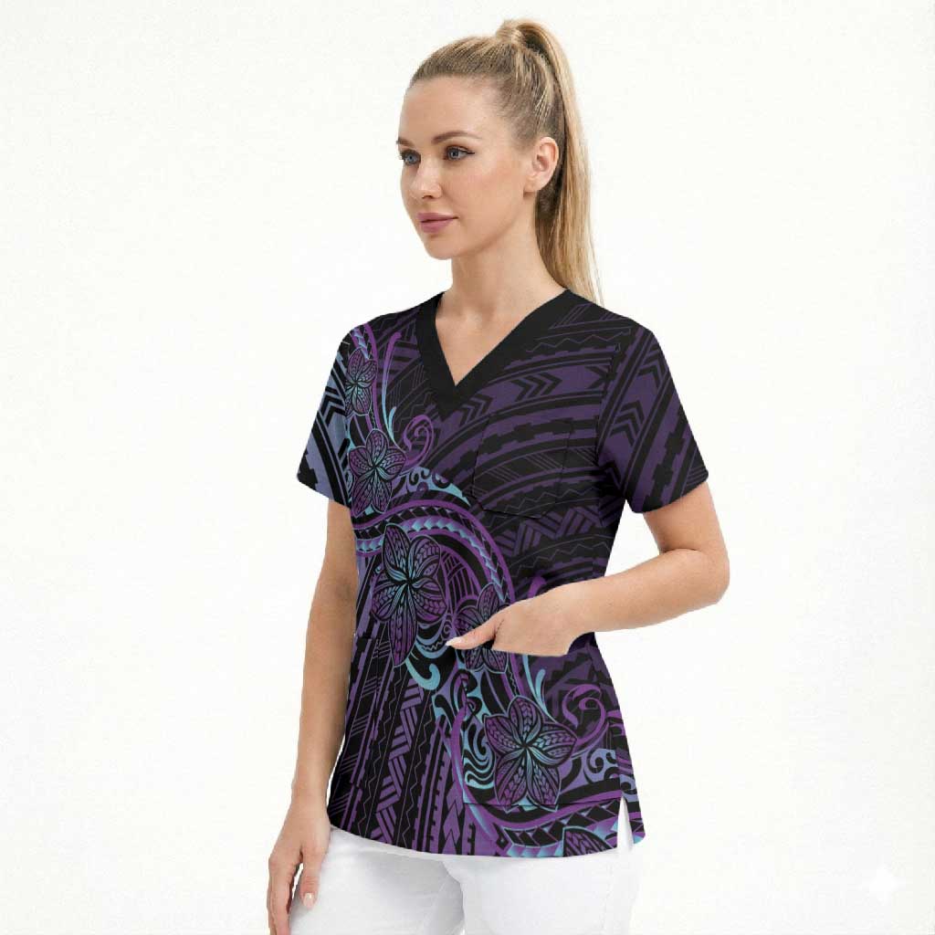 Teal Purple Polynesia Plumeria Tattoo Scrub Top