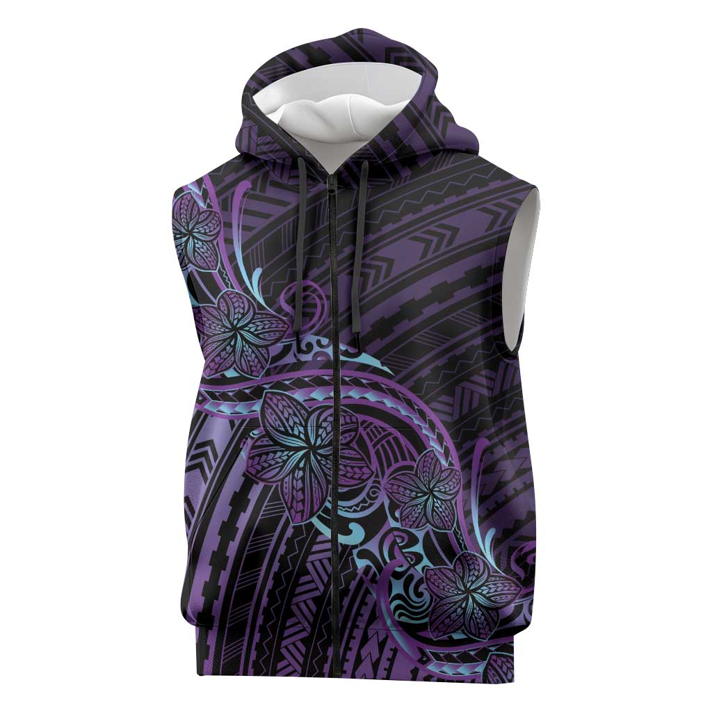Teal Purple Polynesia Plumeria Tattoo Sleeveless Zip Hoodie