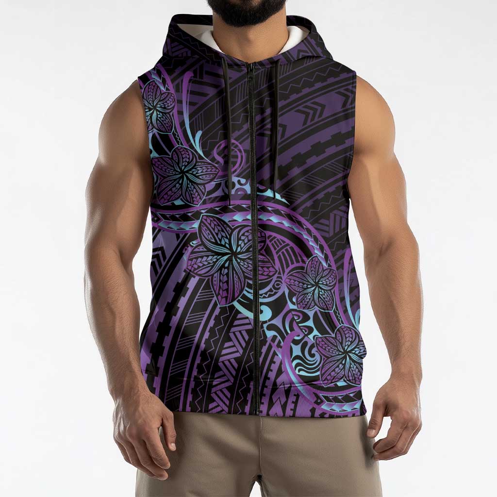 Teal Purple Polynesia Plumeria Tattoo Sleeveless Zip Hoodie