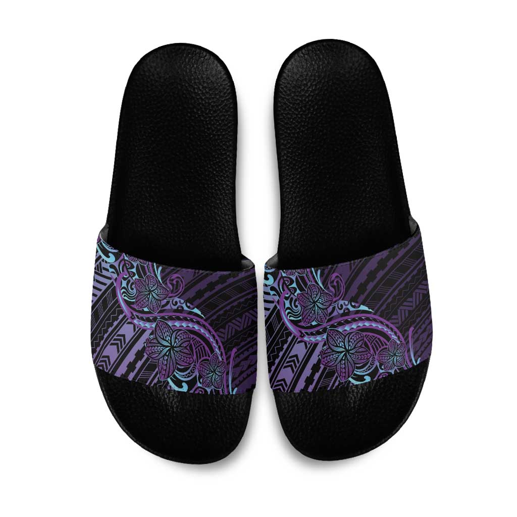 Teal Purple Polynesia Plumeria Tattoo Slide Sandals