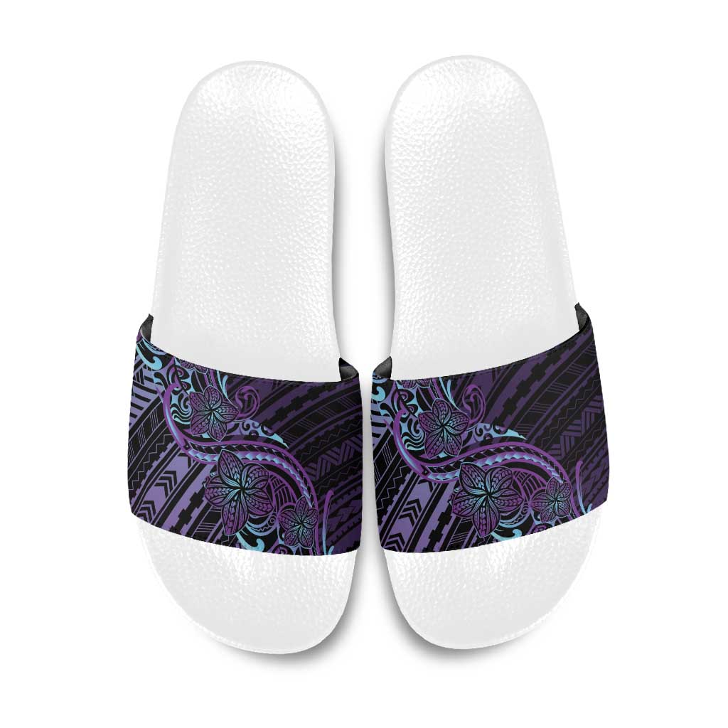 Teal Purple Polynesia Plumeria Tattoo Slide Sandals