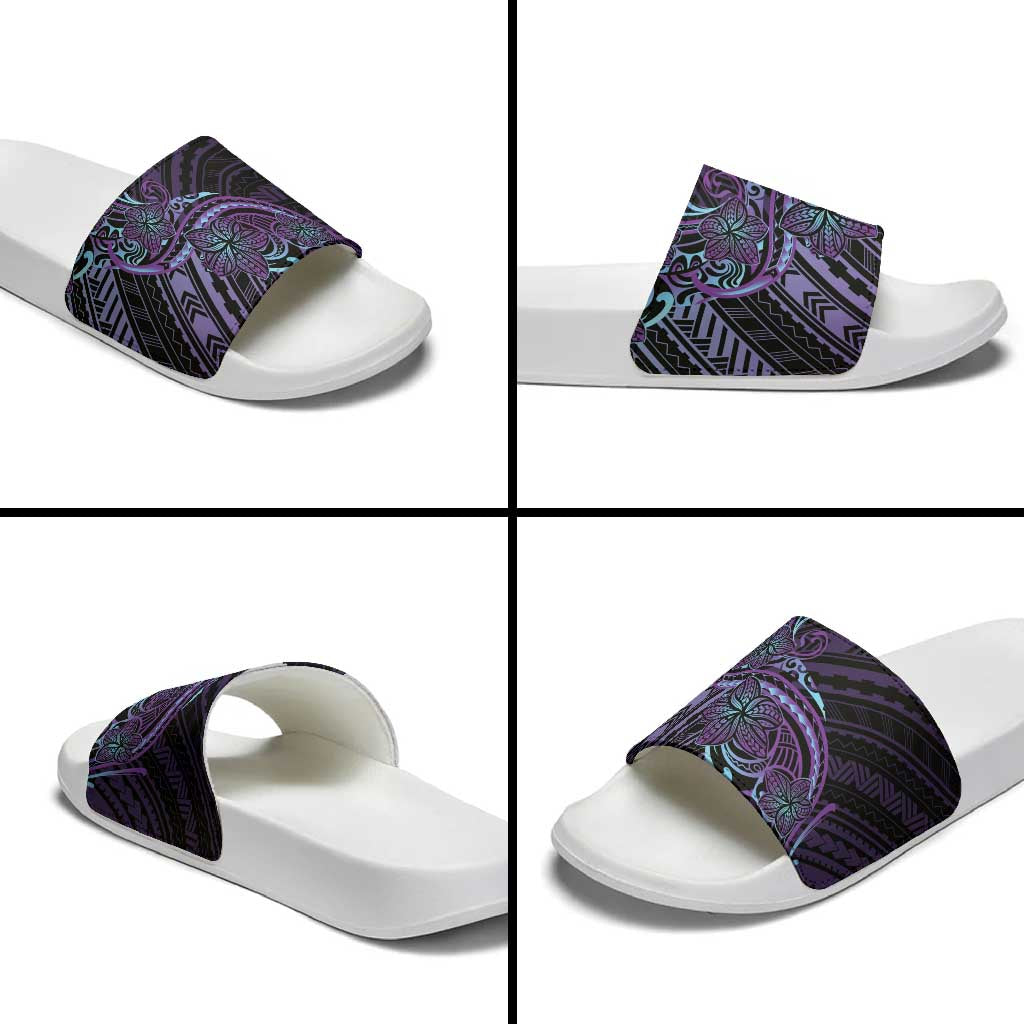 Teal Purple Polynesia Plumeria Tattoo Slide Sandals
